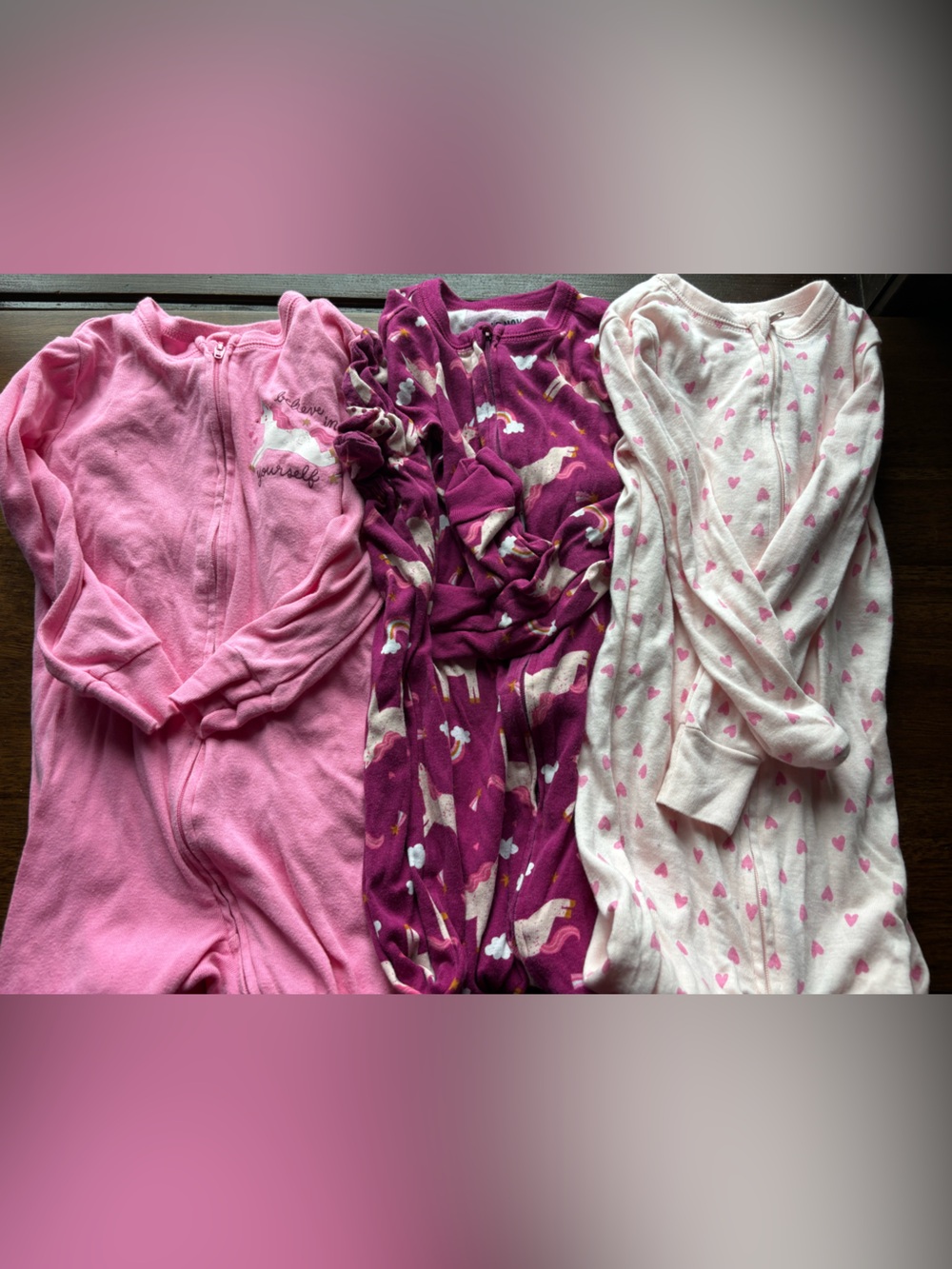 Girls Pink and Purple Unicorn & Heart Sleepwear zip up footies Bundle